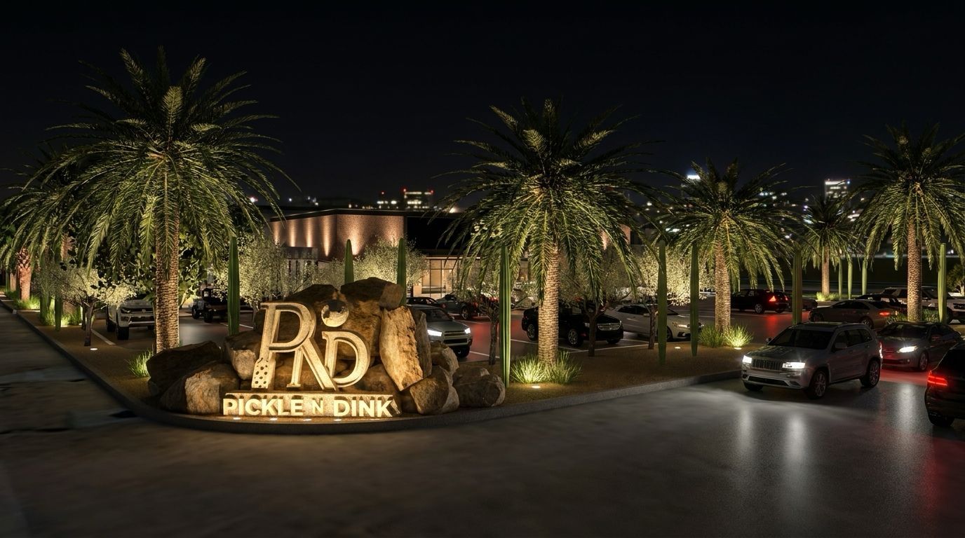 Club entrance at night -- the sign lit between the palms