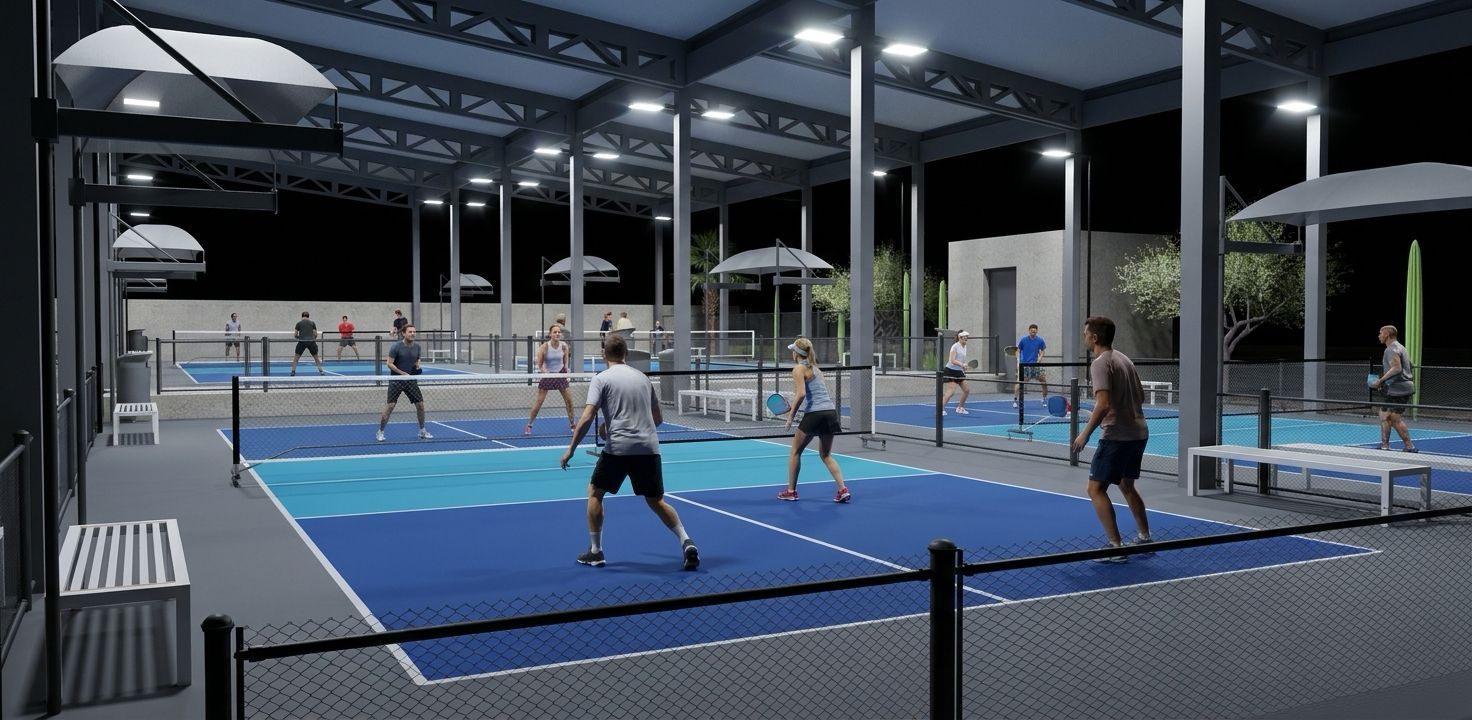 An evening match under the lights on the blue championship courts