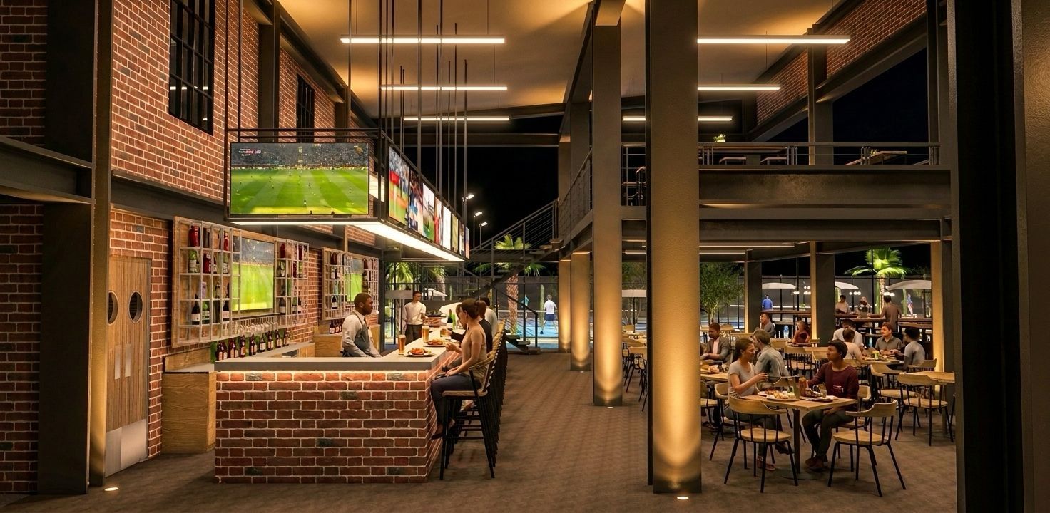 Sports bar interior with court-side tables and screens