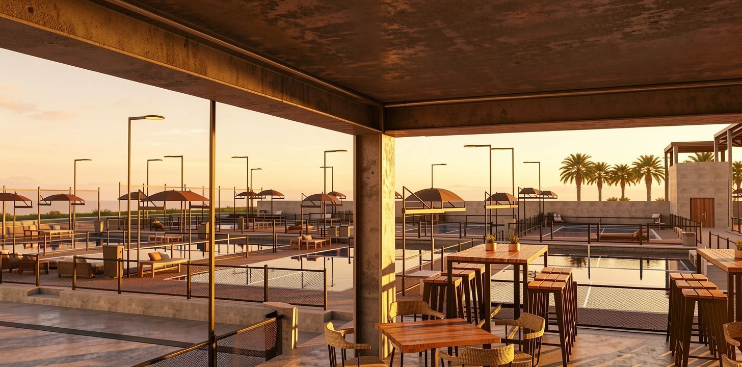 Sunset from the terrace bar overlooking the courts