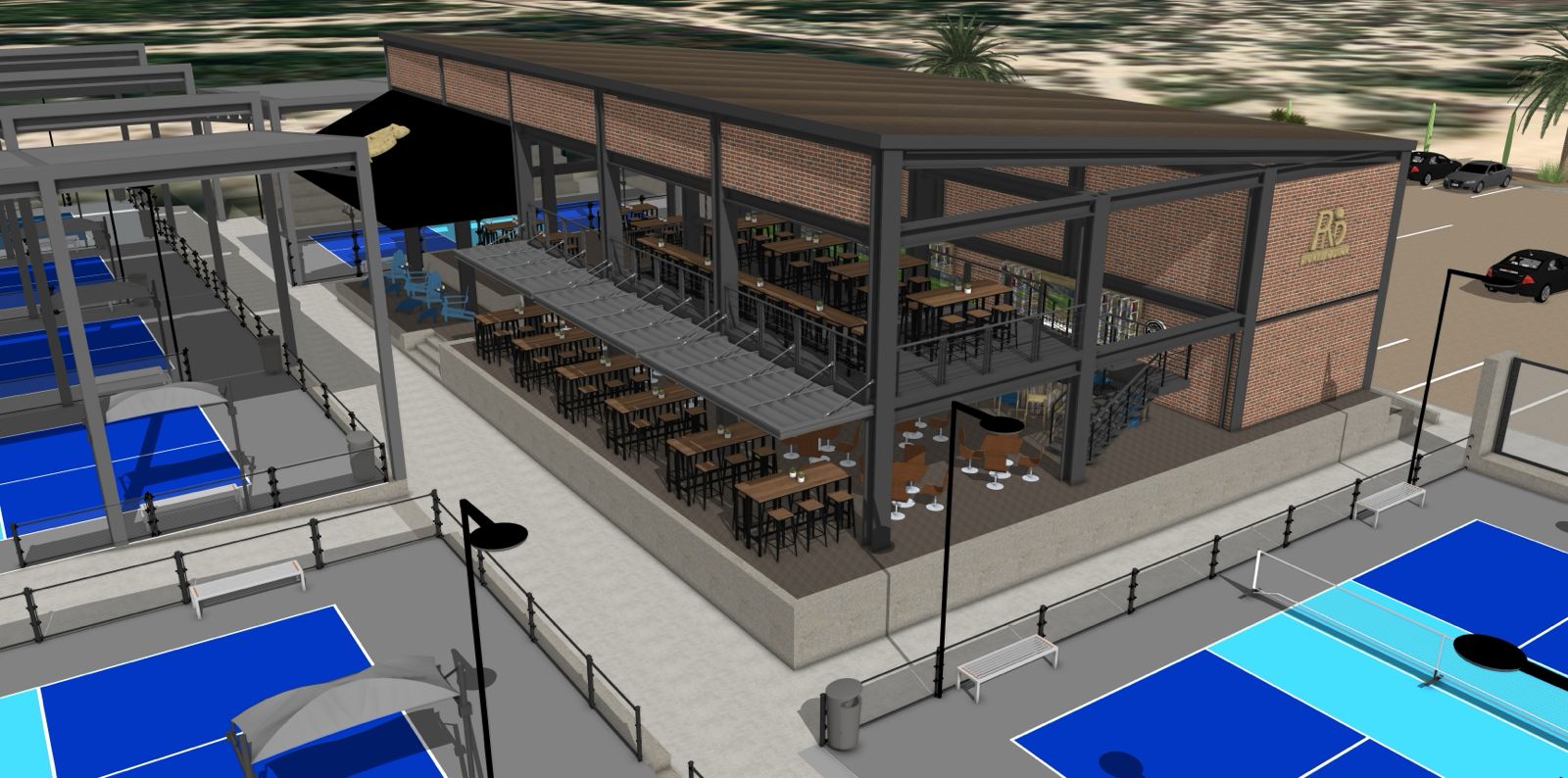 The clubhouse terrace overlooking the courts